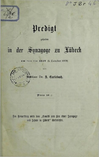 Predigt gehalten in der Synagoge zu Lübeck am... 5. October 1878